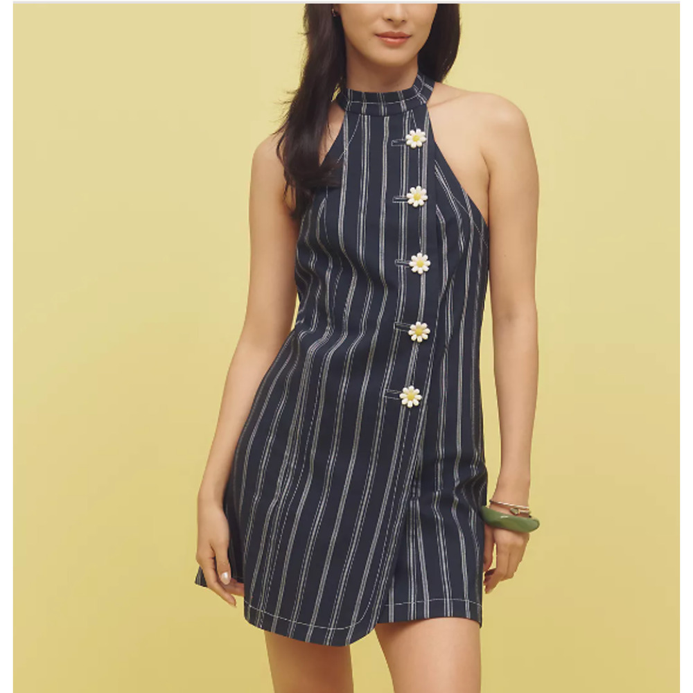 Anthropologie Maeve Halter Daisy Button Mini Dress | M, Blue White Stripe $168